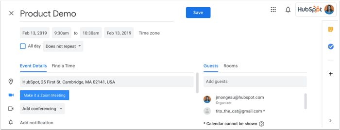 Screenshot showing how to create a Google calendar event. 