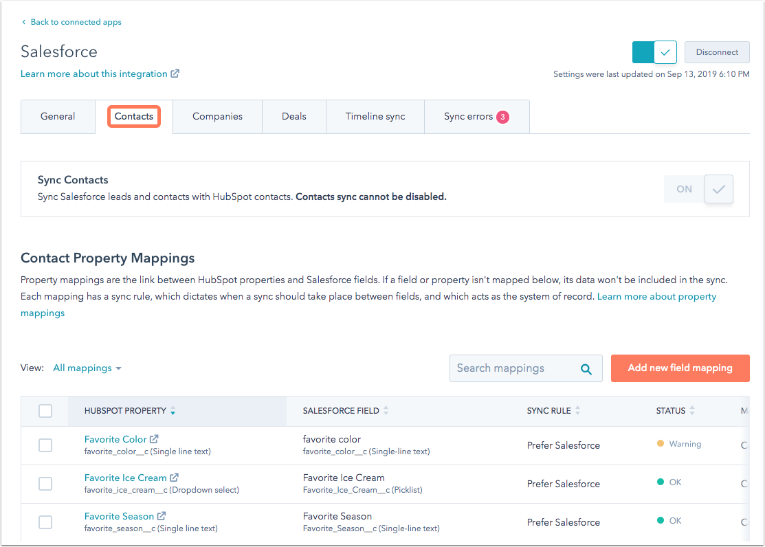 Create contact analytics mappings between HubSpot and Salesforce for