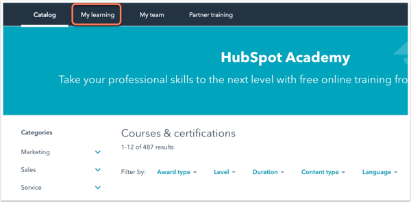hubspot-academy-my-learning-tab
