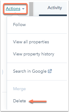 Screenshot showing the 'Actions' dropdown menu within a company record in HubSpot, with 'Delete' highlighted