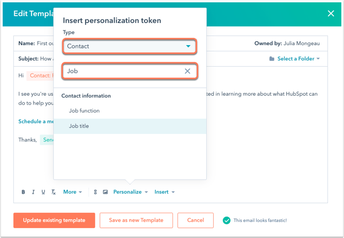 Add personalization tokens to a template or snippet