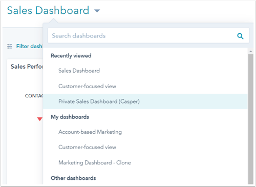 Sales Dashboard dropdown with Private Sales Dashboard (Casper) highlighted