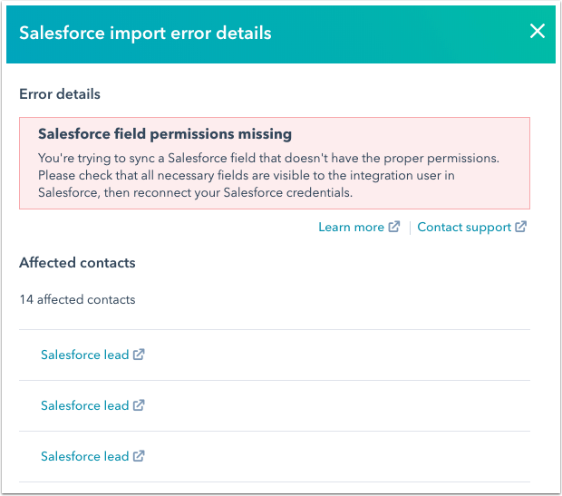 détails de l'erreur d'import Salesforce