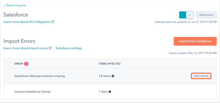 A HubSpot Salesforce integration screen displaying 'Import Errors'. It shows 'Salesforce field permissions missing' affecting '14 items' with a highlighted 'View details' button, and 'Inactive Salesforce Owner' impacting '1 item'.