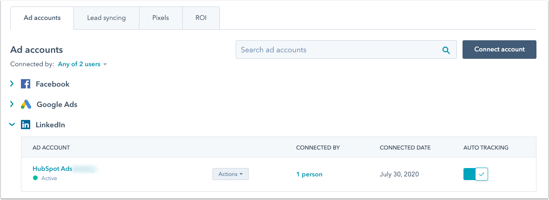 Connected LinkedIn account in Hubspot