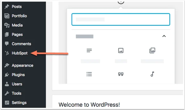 screenshot showing HubSpot in the left sidebar menu in Wordpress
